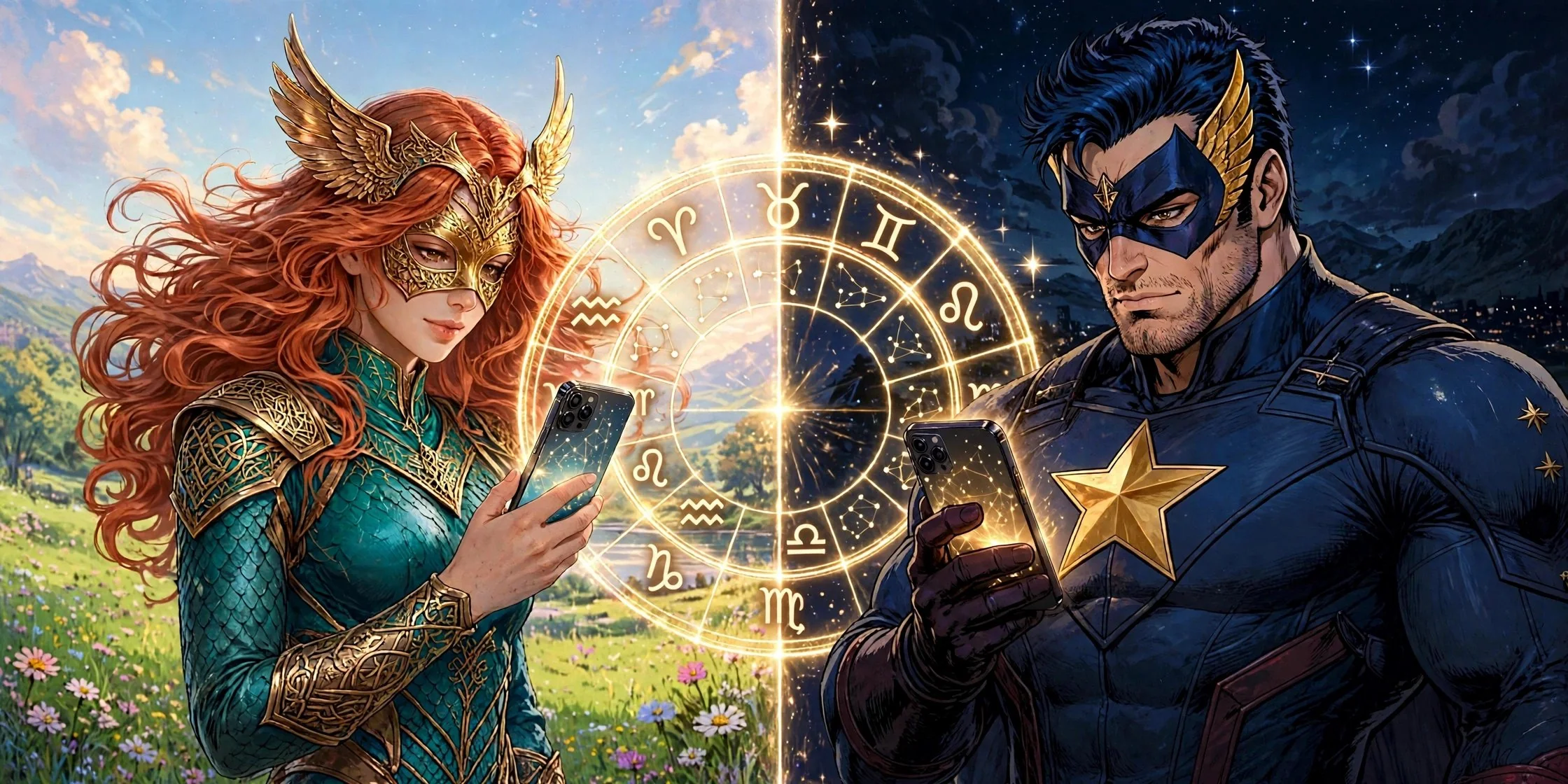 A masked Valkyrie in her bright world and a masked hero in his dark world, joined by a golden zodiac wheel